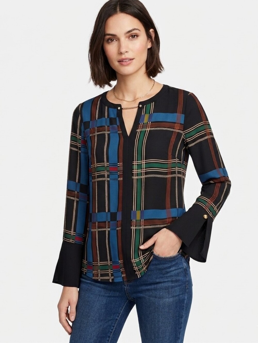 The Limited Black Plaid Split-Neck Blouse Size S